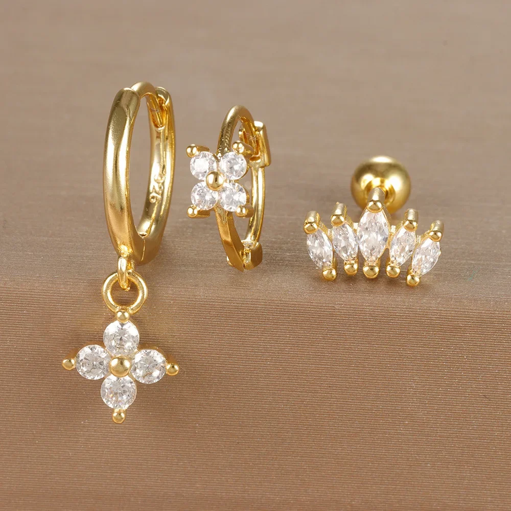 3Pcs/Set Four Leaf Flower Tragus Earring Set Crystal Huggie Earrings Bulk Cartilage Piercing Helix Jewelry Hoop Earring Lots