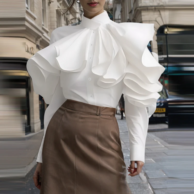 ZANZEA 2025 エレガントなシャツの女性の秋のファッション固体オフィスブラウスフリルストリート長袖トップスカジュアルルーズボタンチュニック