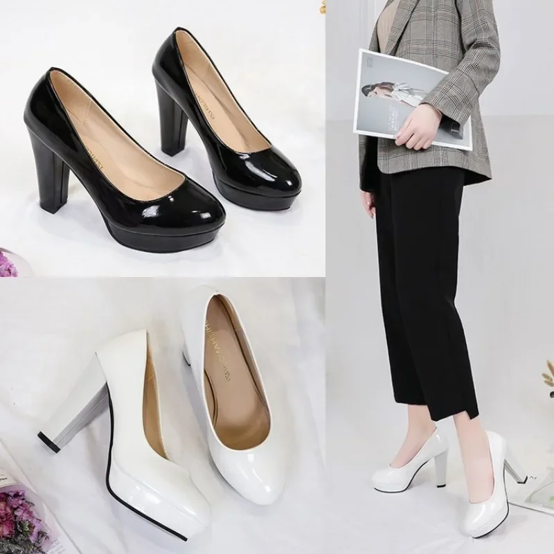 

Женские туфли Four Seasons на высоком каблуке 10 см, черные кожаные туфли, профессиональные туфли на толстом каблуке, женская обувь больших размеров 42