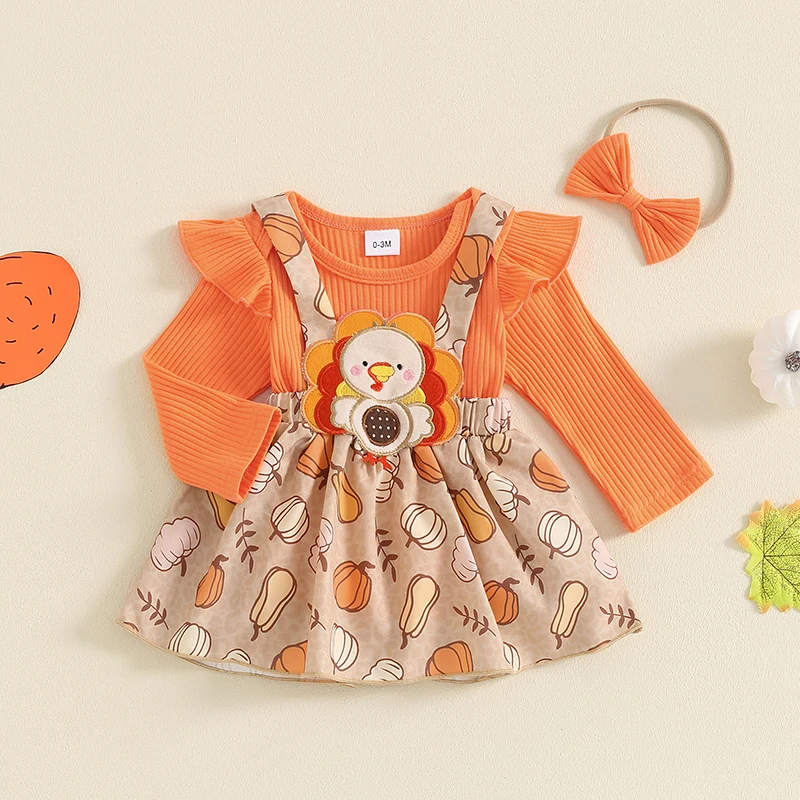 

Baby Girls Thanksgiving Outfit Long Sleeve Romper and Pumpkin Print Turkey Suspender Skirt Cute Headband 3 Piece Clothes