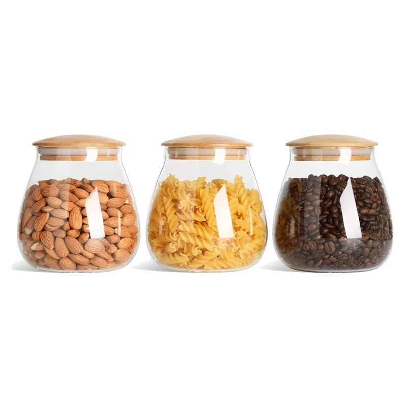 3 Pcs Airtight Clear Food Storage Jar Container With Wood Lid (27Oz/800Ml), For Kitchen Tea Coffee Sugar Flour Spices