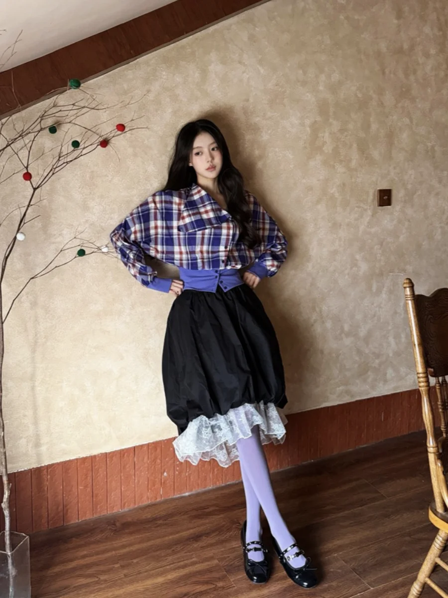 Retro Black Bubble Half Skirt Women's Spring Autumn New Versatile Slim Splicing Lace Bloom Mid-Length Skirt Polyester Fabric