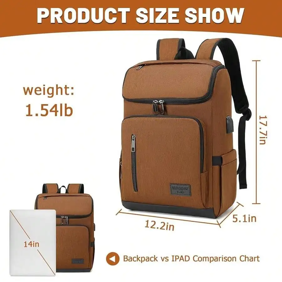 

Brown Laptop Backpack With USB Port Travel Daypack For Men Women
