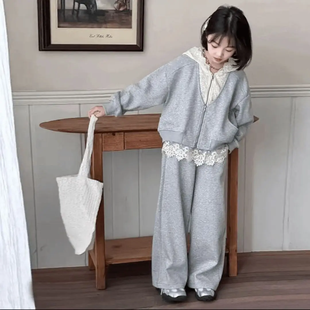 Girls Spring Autumn Hoodie Lace Cardigan Jacket Coat Kids Fashion Two Piece Set Clothing