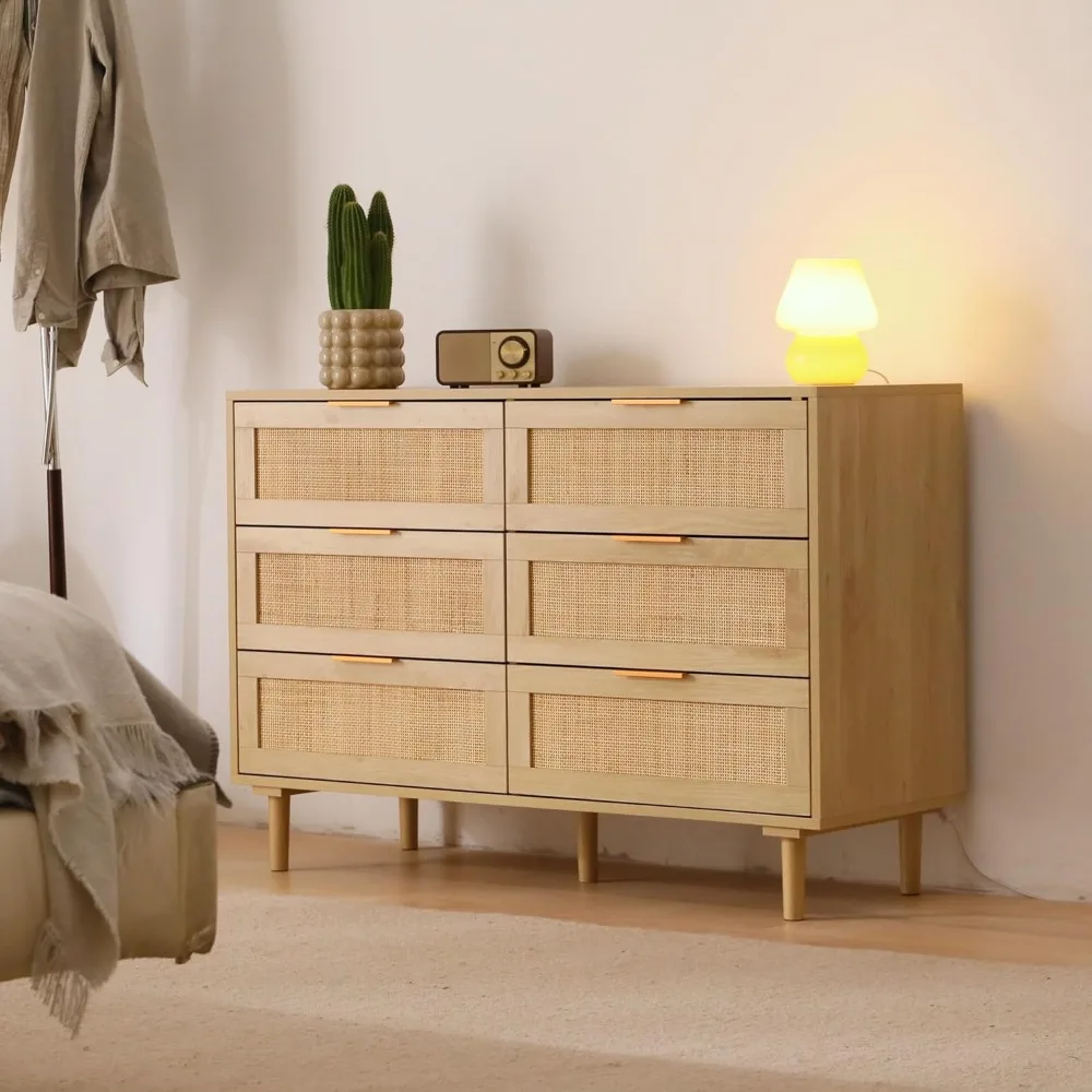 Modern 6-Drawer Double Dresser in Rattan Style with Gold Handles for Bedroom and Living Room Storage