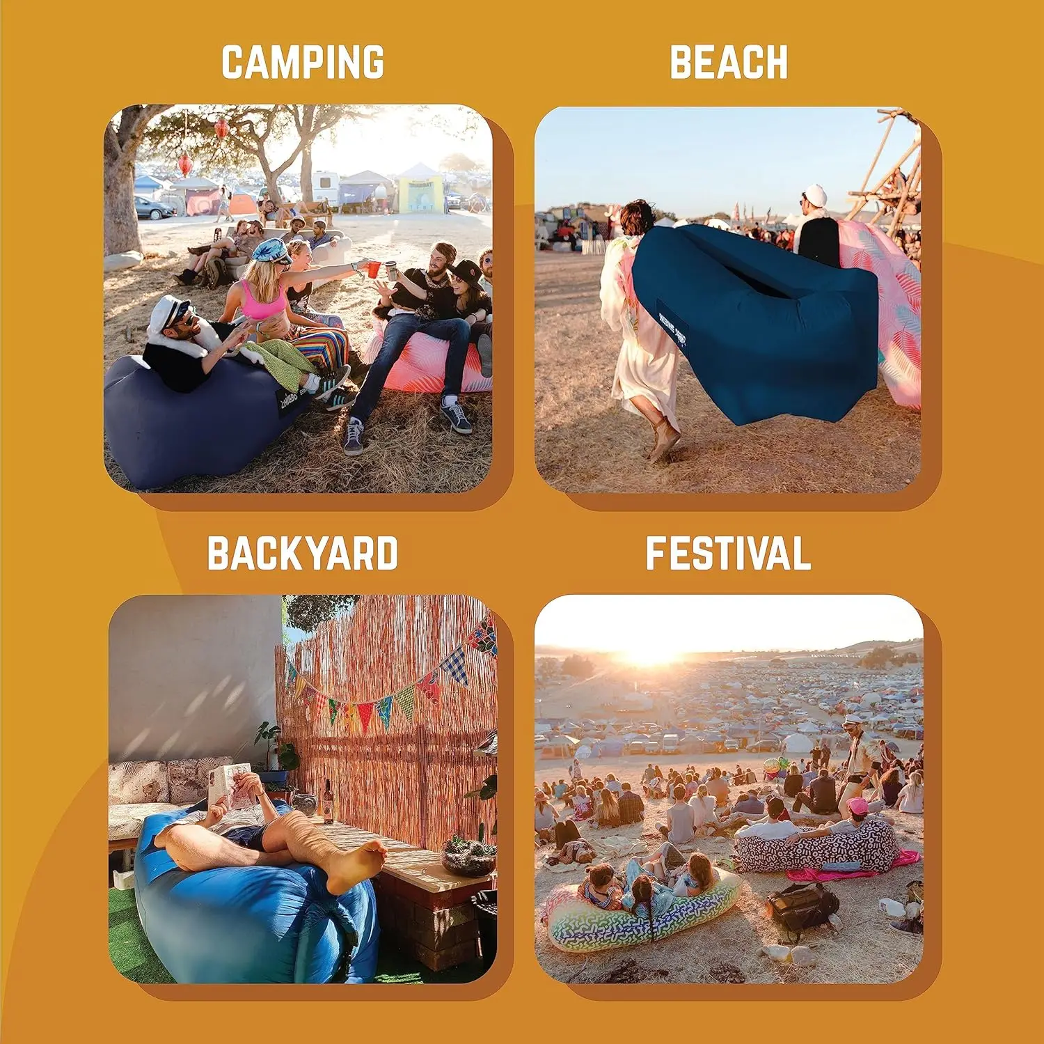 Inflatable Lounger with No-Pump Setup, Ripstop Polyester, Stability Pegs, Fun Prints for Beach, Camping, Festivals