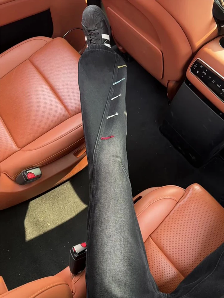 

Sli Embroidered Men's Jeans Spring High Street Vibe Slanted Button Hole Frayed Leggings Wear Resistant Stand Fit