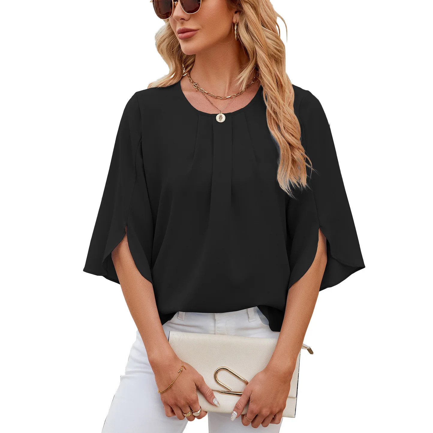 Meia manga chiffon top para as mulheres, plissado em torno do pescoço, cor sólida, para o verão