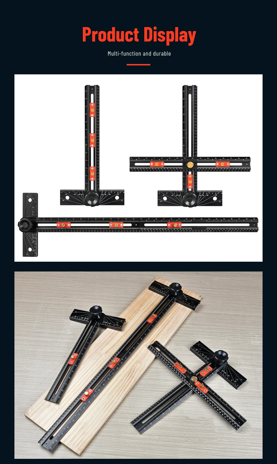 Holzbearbeitungs-T-Winkellineal mit automatischer Klemmung, Positionierlineal, Bohrlochmarkierungslehre, Winkellineal, T-förmiges Lineal für Schreiner – Detail 17