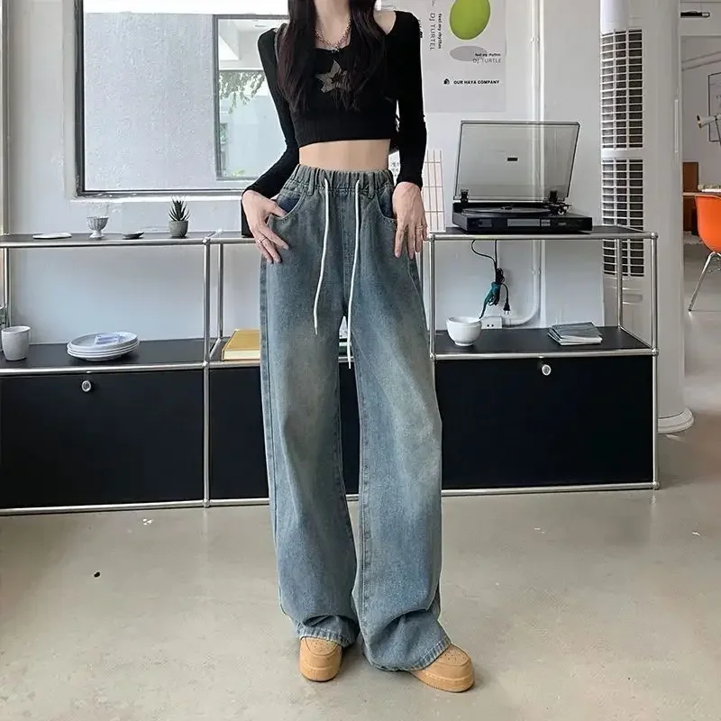 Spring Summer High-Waisted Wide-Leg Traversing Jeans Women's Slimming Versatile Korean Style Student Elastic Waist Drawstring Pl