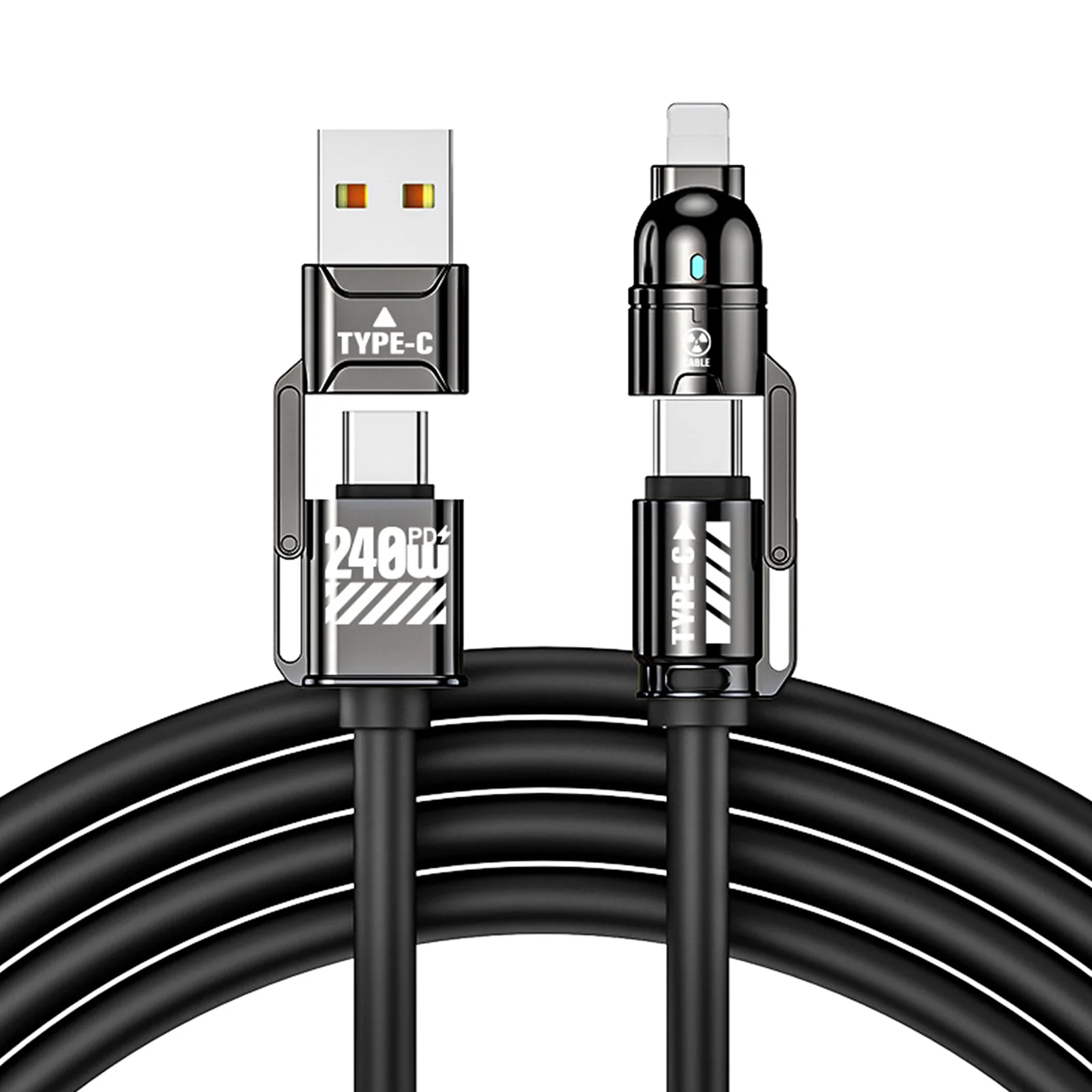 240W Super Fast Charging 4 In 1 Data Cable Dual Type C+Lightning USB Ports Phone Charging Cable For iPhone Samsung Huawei Xiaomi