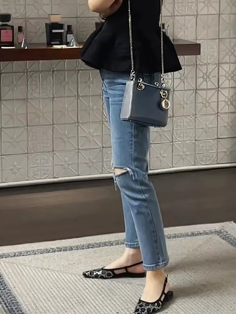 

Модные прямые джинсы с рваными элементами для повседневной носки, летние, с высокой талией, длинные брюки на молнии, синий деним