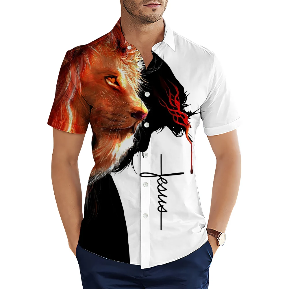 HX Fashion Men's Shirts Jesus Lion Cross 3D Printed Casual Shirt Summer Short Sleeve Shirts Dropshipping S-5XL