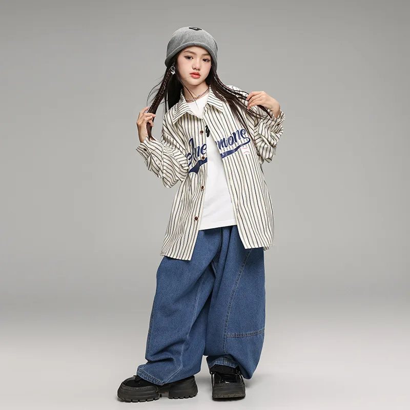 Vêtements K-pop pour garçons et filles, olympiques de danse jazz, chemise à rayures streetwear, ensemble de pantalons en émail blanc, tenues de spectacle de piste hip-hop, vêtements cool