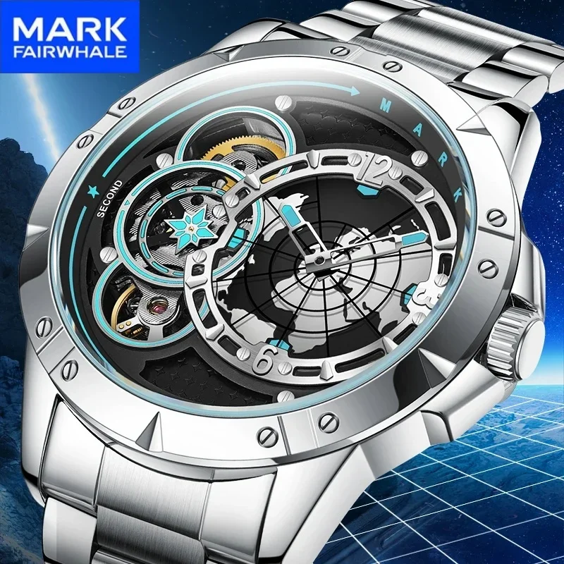 MARK FAIRWHALE Fashion  Earth design Mens Automatic Movement Watch Hollowed Out Solid Steel Strap Waterproof for montre luxe