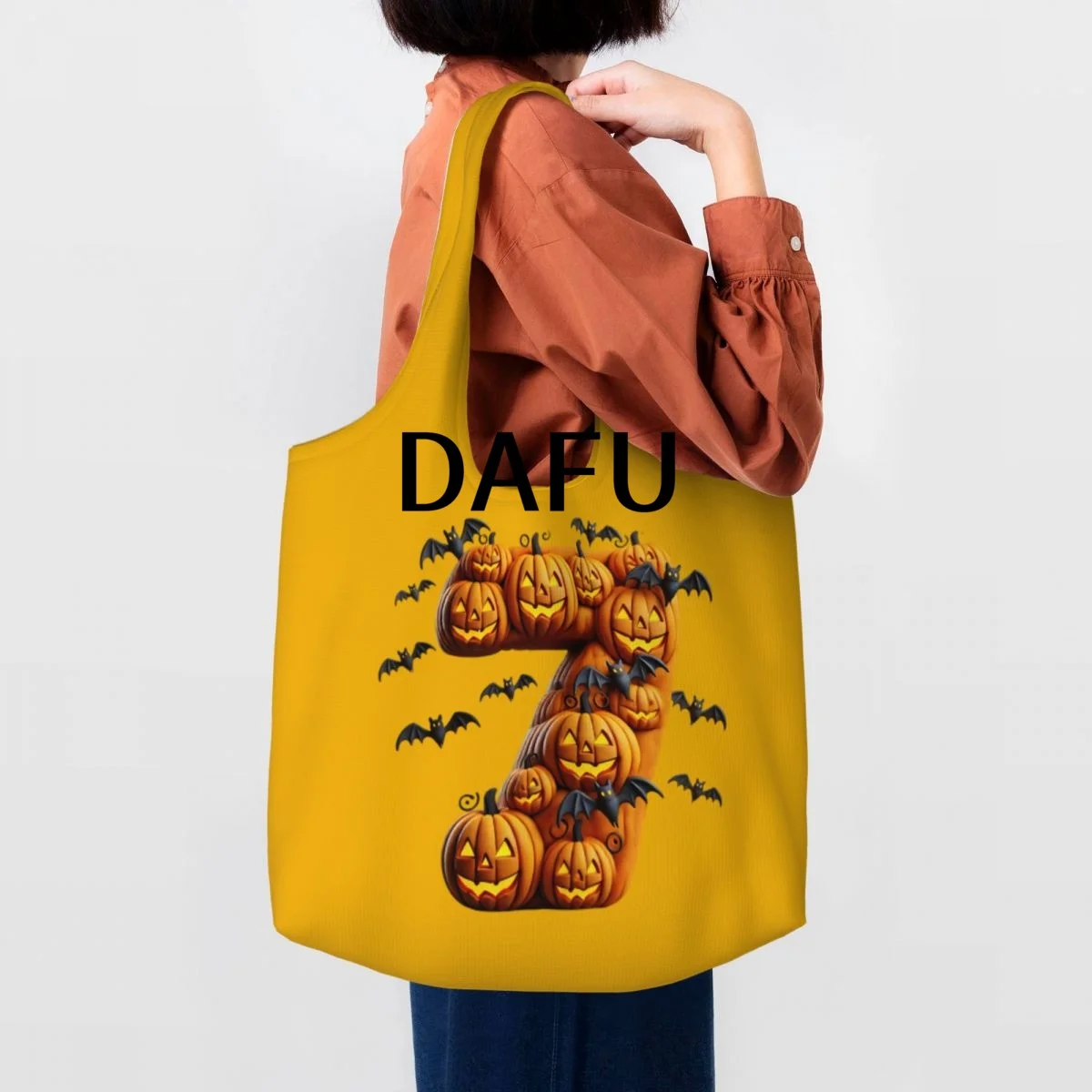 Batty Pumpkin Number 7 Funny Halloween Bat Pumpkin Tote Bag for Women - Gothic Canvas Shoulder Bag Shopping Commute Party