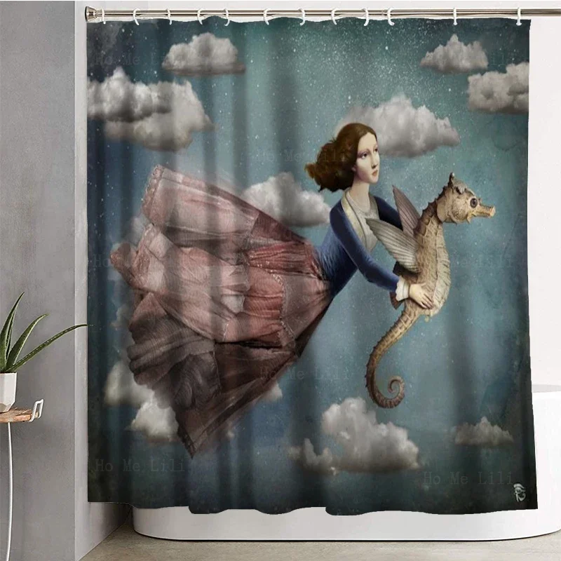 Fantasy Art Knight Of Wands Girl Holding Seahorse And Flying In The Air Surrealism Shower Curtain By Ho Me Lili Bathroom Decor