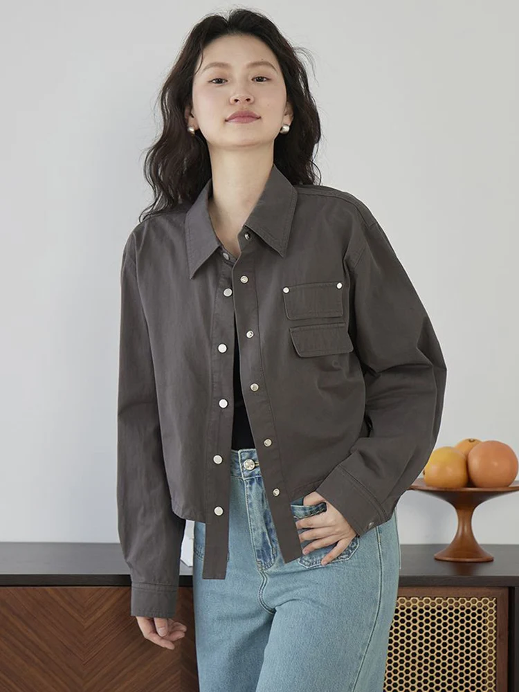 Zoki American Y2K Cargo Jacket Women Fall Casual Long Sleeve Vintage Short Coat Harajuku Turn Down Collar New Solid Hip Hop Tops