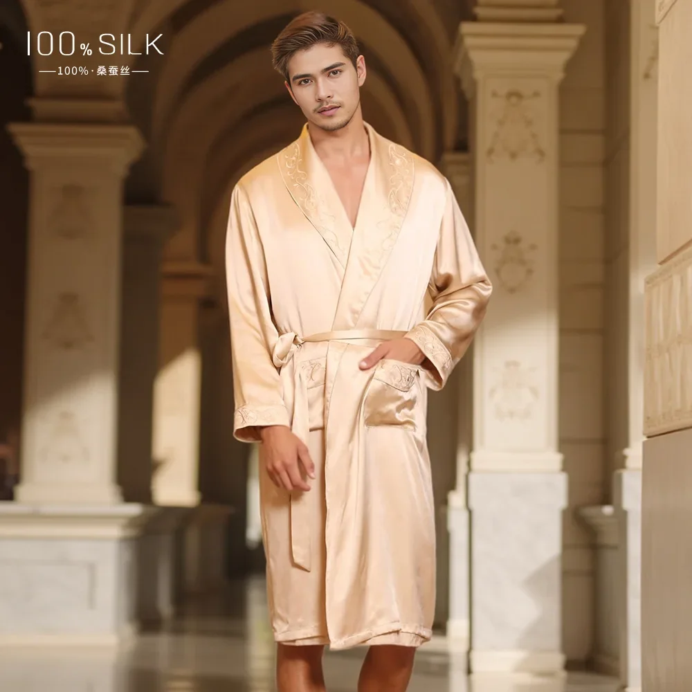 19 Momme Heavyweight Silk Robe for Men 100% Mulberry Silk Kimono Pajama Autumn and Winter Mid-Long Length Nightwear Morning Robe