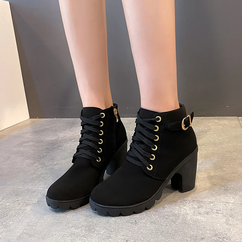 2023 New Spring Winter Women Pumps Boots High Quality Lace-up European Ladies Shoes PU High Heels Boots Fast Delivery