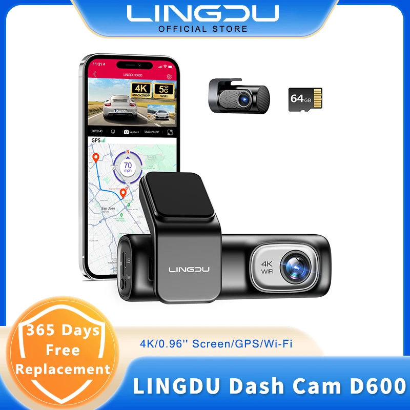 LINGDU D600 4K 2160P UHD Dash Cam Auto DVR WiFi Kamera Eingebaute GPS Sprachsteuerung 24H