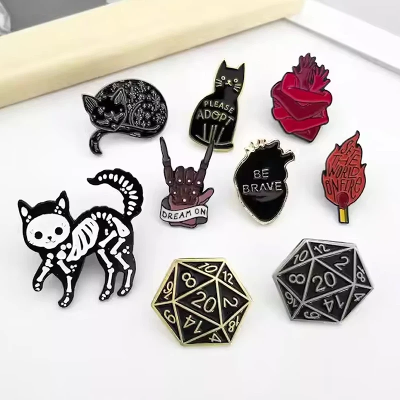 Punk style enamel Pins Night sky Heart Black skeleton cat Brooches for women Dragon & Dungeon Dice hand lapel Pin Badges Jewelry