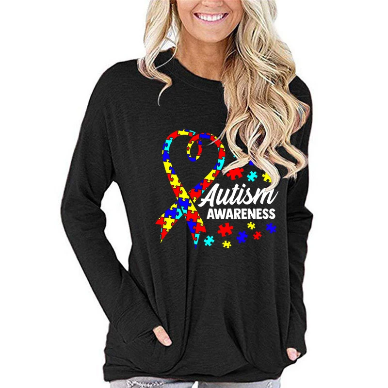 Women's Long Sleeve T-shirt Colorful Autism Awareness Design Classic Tops Flower Autism Awareness Slogan Long-sleeved T-shirts