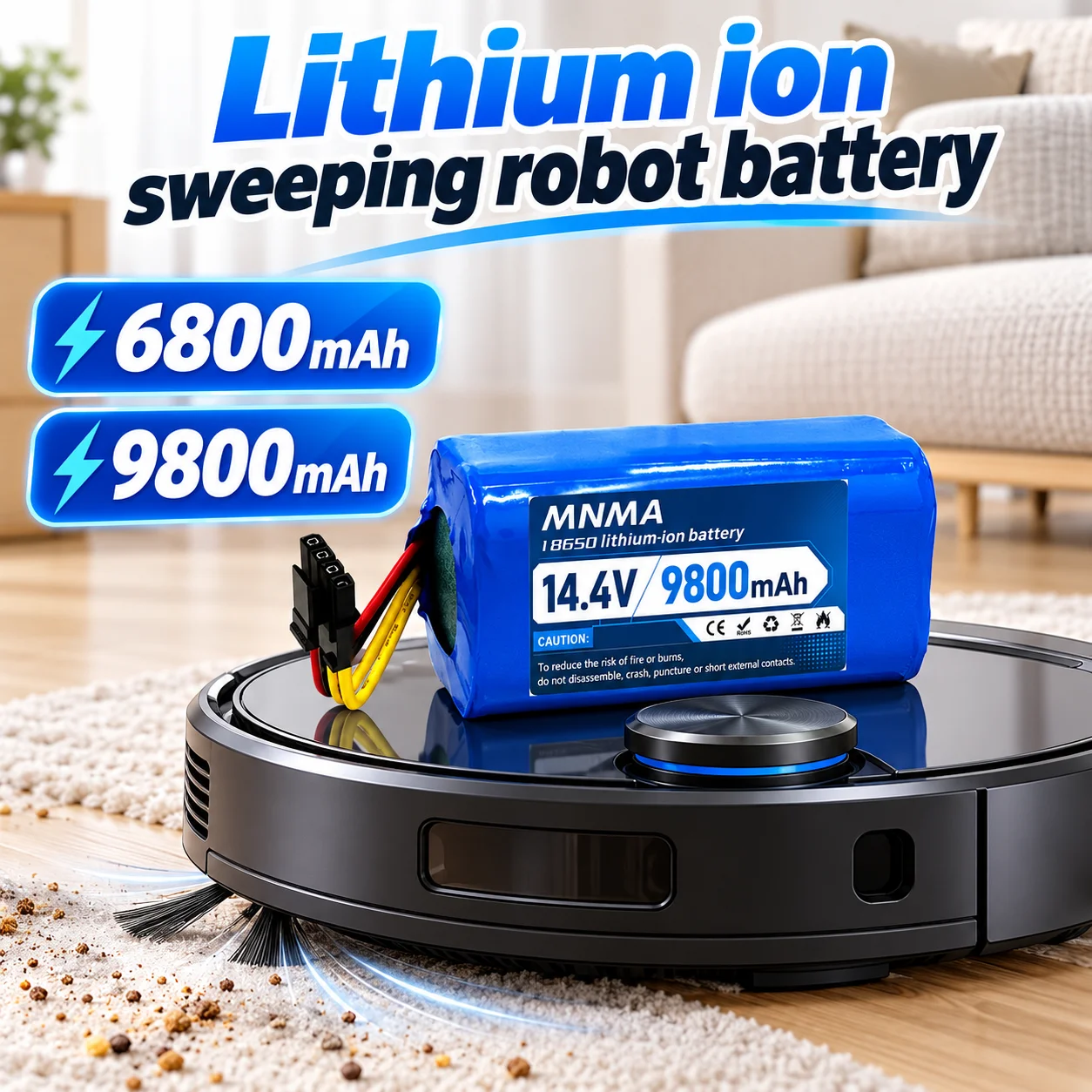 14.4V 9.8Ah Robot Vacuum Replacement Battery, 4S1P 18650 Li-ion Pack Built-in BMS, 2000+ Cycles Long Lasting Runtime, Safe Pack