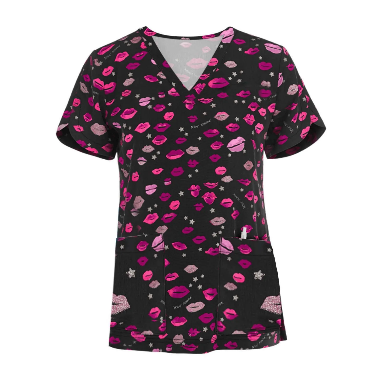 ชุดพยาบาลผู้หญิงลายผีเสื้อพิมพ์ 3 มิติ คอวี มีกระเป๋า ชุดยูนิฟอร์มทางการแพทย์ลายการ์ตูน เสื้อสครับพยาบาล ชุดยูนิฟอร์มพยาบาล