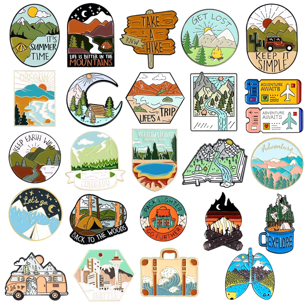 Tourist Scenery Enamel Brooch Island Map Mountain River Ticket Moon Pool Wilderness Car Boot Metal Badge Punk Jewelry Lapel pins