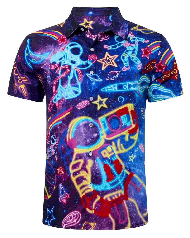 

Colorful Neon Cat Astronaut Hawaiian Shirt For Men New In Hawaiian Shirts Short Sleeve Button Down Shirt Men Y2k Harajuku Blouse