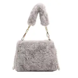 Borsa in peluche da donna ISKYBOB borsa ascellare autunno inverno con perle artificiali borsa a tracolla a catena lunga borsa quadrata piccola moda 2023