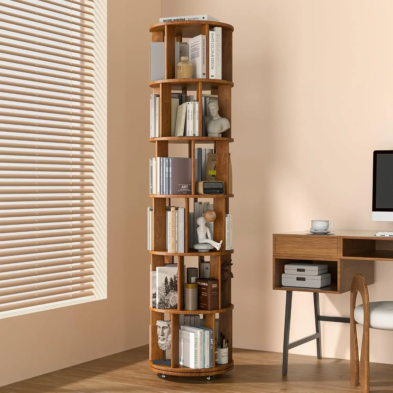 6 Tier Solid Wood Rotating Bookshelf On Wheels 360 Degree Spinning Book Shelf Tower Round Revolving Bookcase Organizer For Small Space Bedroom Kids Room Corner Home Office, Walnut