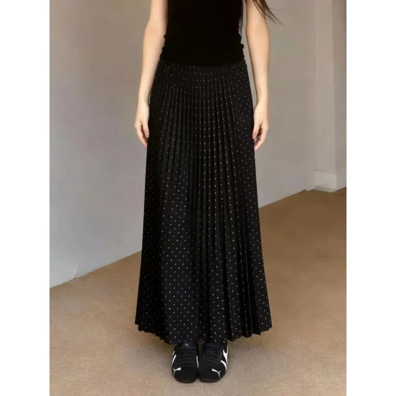 

Women's Black Polka Dot Pleated Maxi Skirt High Waist Casual A-Line Skirt