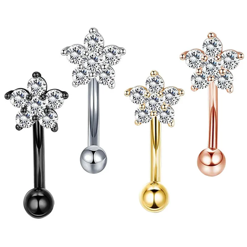 16G 316L Stainless Steel CZ Crystal Flower with Dangling Double Gem Drop Belly Button Ring Stackable Piercing Jewelry