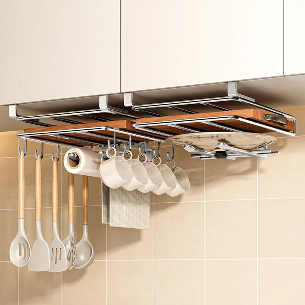 Stainless Steel Kitchen Hanging Cabinet with Hooks Paper Towel Rags Cutting Board Pot Covers Storage Hanger Under Cupboard Rack