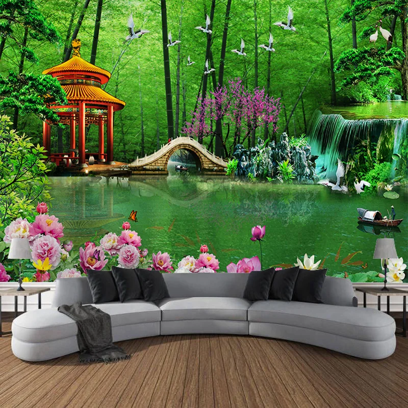 Art Curtain Hanging Cloth Home Bedroom Living Room Decoration Green Bamboo House Bridge Landscape Wall Tapestry