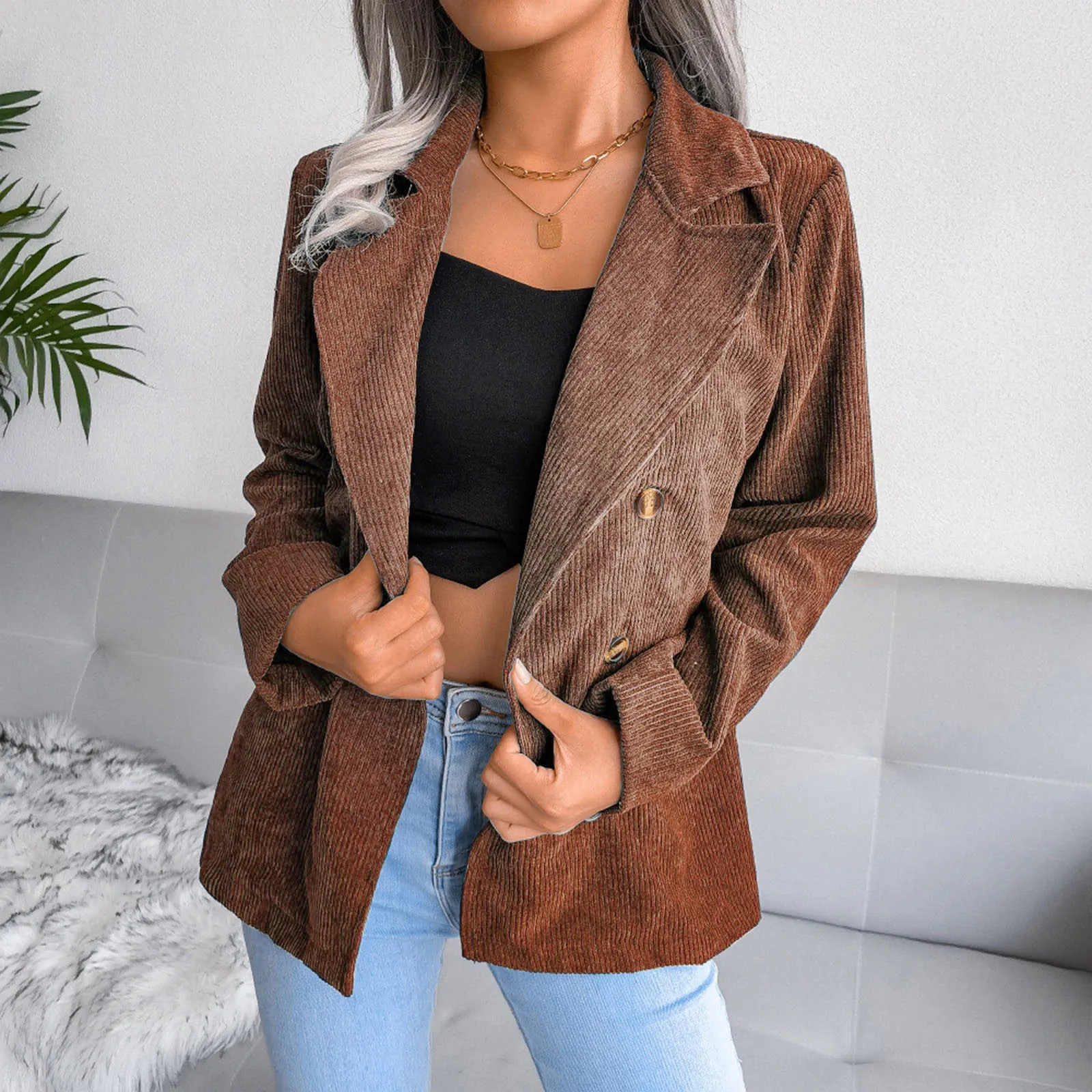 Vintage Brown Corduroy Jacket for Women 2024 New High Sense Loose Oversized Leather Suit Blazer Female Casual Coat Streetwear