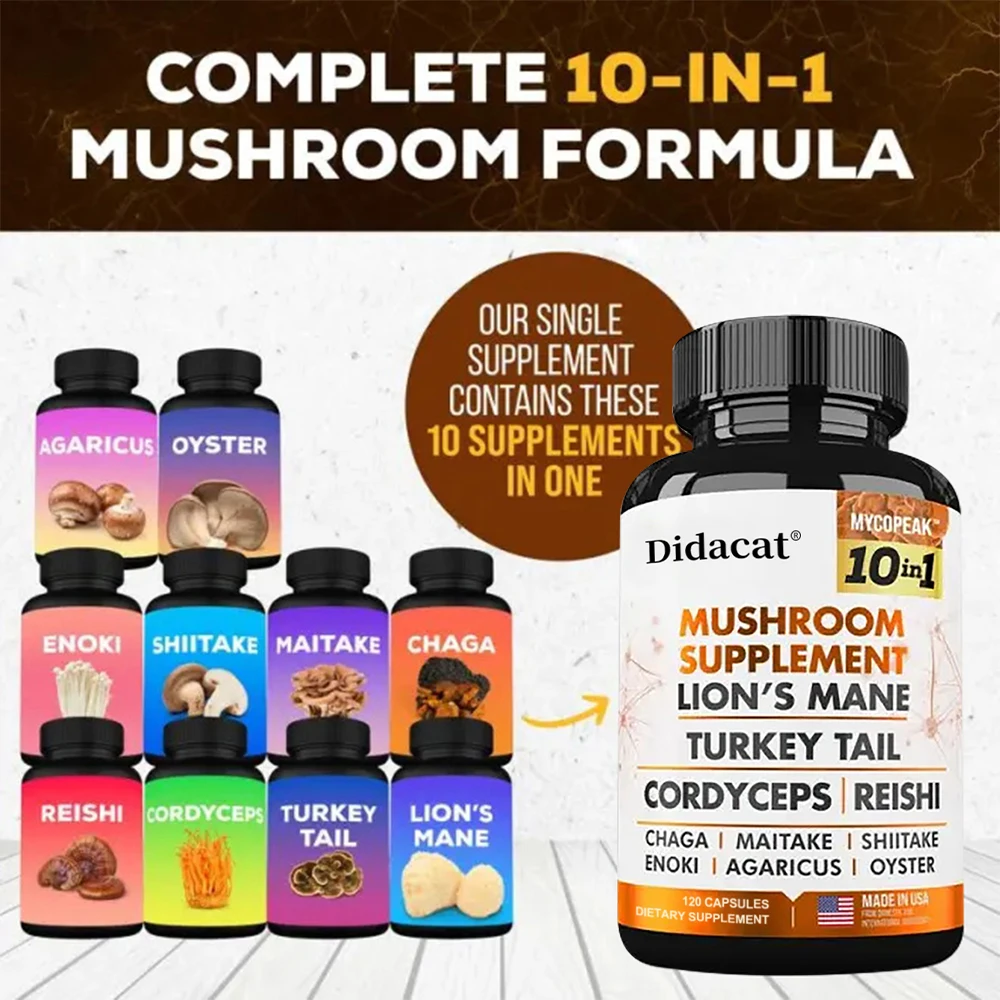 Mushroom Supplement 10x Complex - Hericium, Cocktail, Cordyceps, Reishi, Chaga - Nootropic Brain Supplement for Memory and Focus