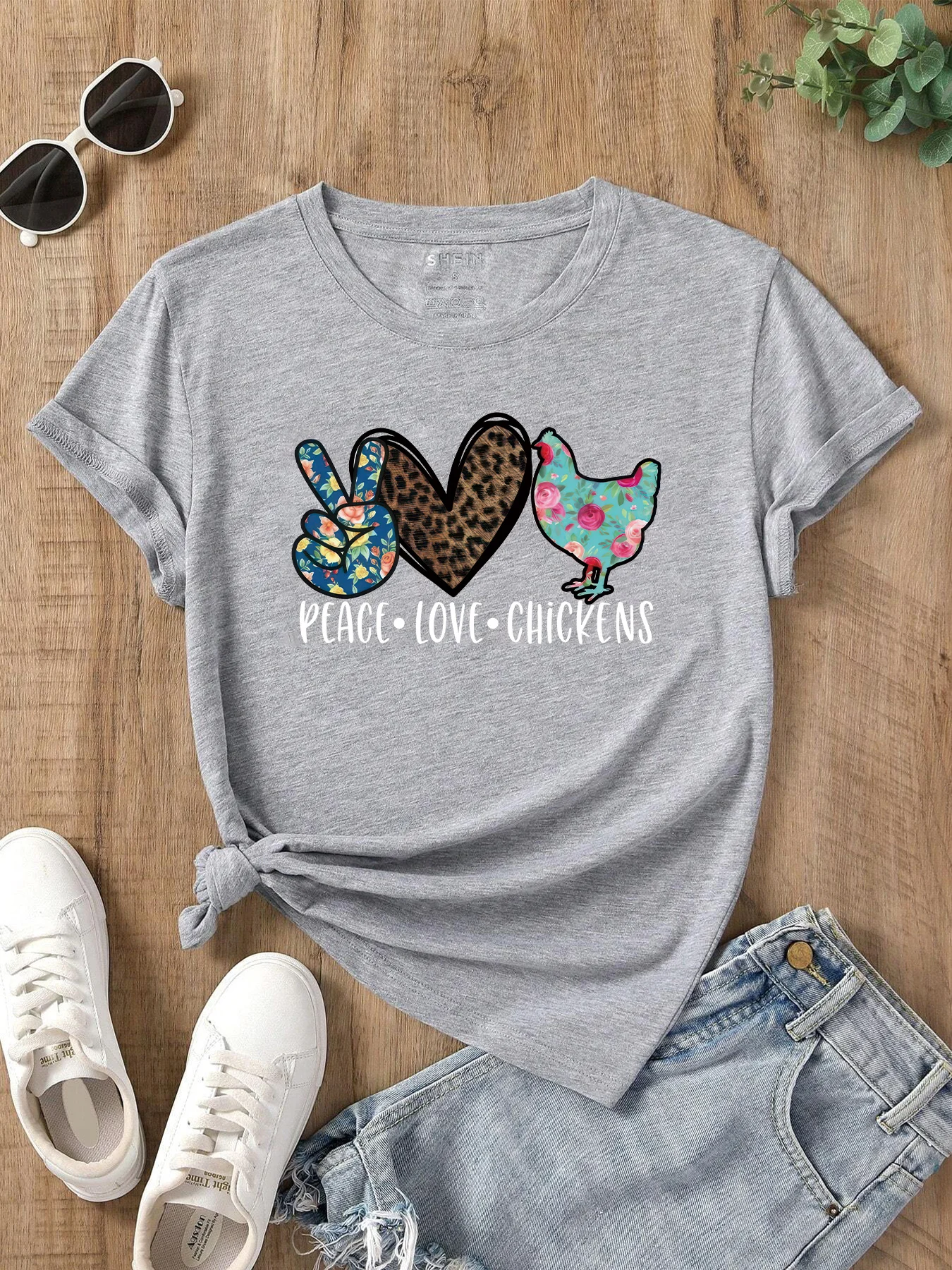 Peace Love Chickens Shirt Leopard Women T Shirt Print T-Shirt Woman Casual Short Sleeve Tee Tops for Spring Summer Female Clothi