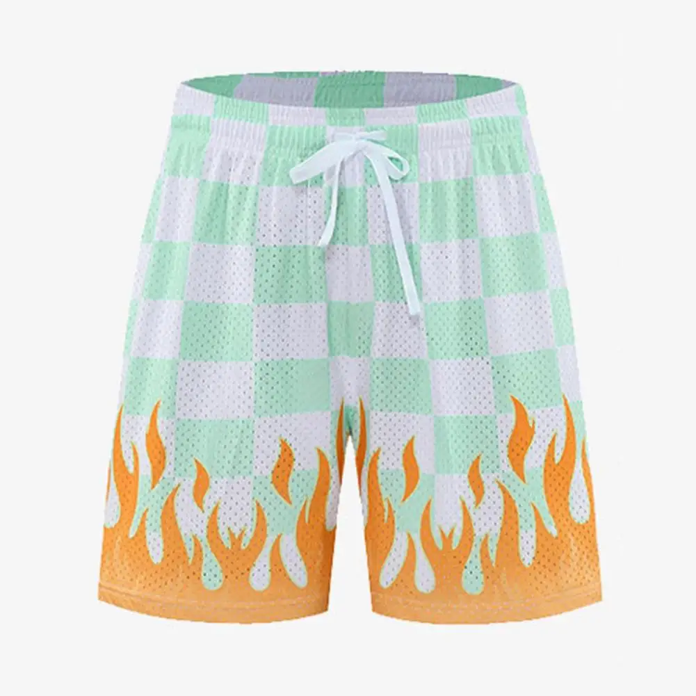 Shorts de praia masculino casual verão, elástico na cintura, cordão ajustável com manta