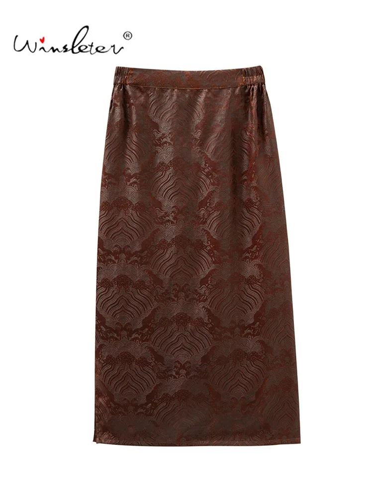 Winsleter-100%Real Silk Watered Gauze Elegant Skirts, Elastic Waist Jacquard, Women Retro Straight Skirt, 2026 Autumn B68205CC