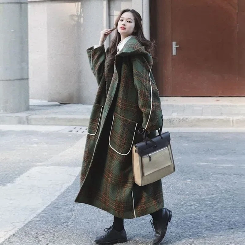 

plus Size Autumn Winter Plaid Woolen Coat Women's Elegant British Style Casual Long Sleeve Mid-Length Loose Fit Coat