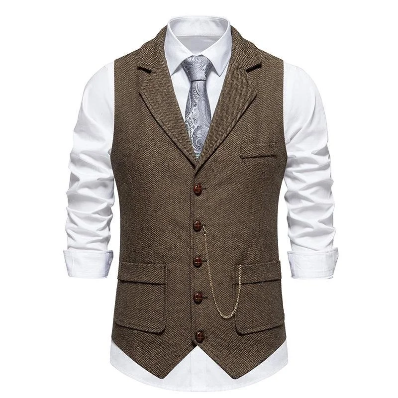 Men’s Herringbone Tweed Suit Vest Turn Down Collar Vest Waistcoat Men Formal Business Chain Vests Chaleco Hombre XXL