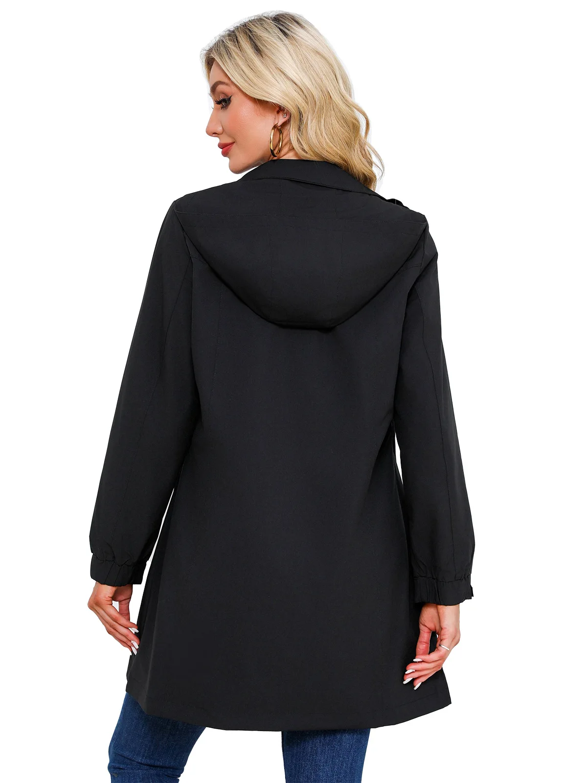 Women's Black Waterproof Hooded Jacket for Spring and Fall; The Hood Is Detachable; Available in Green, Red, Blue, Off-white.