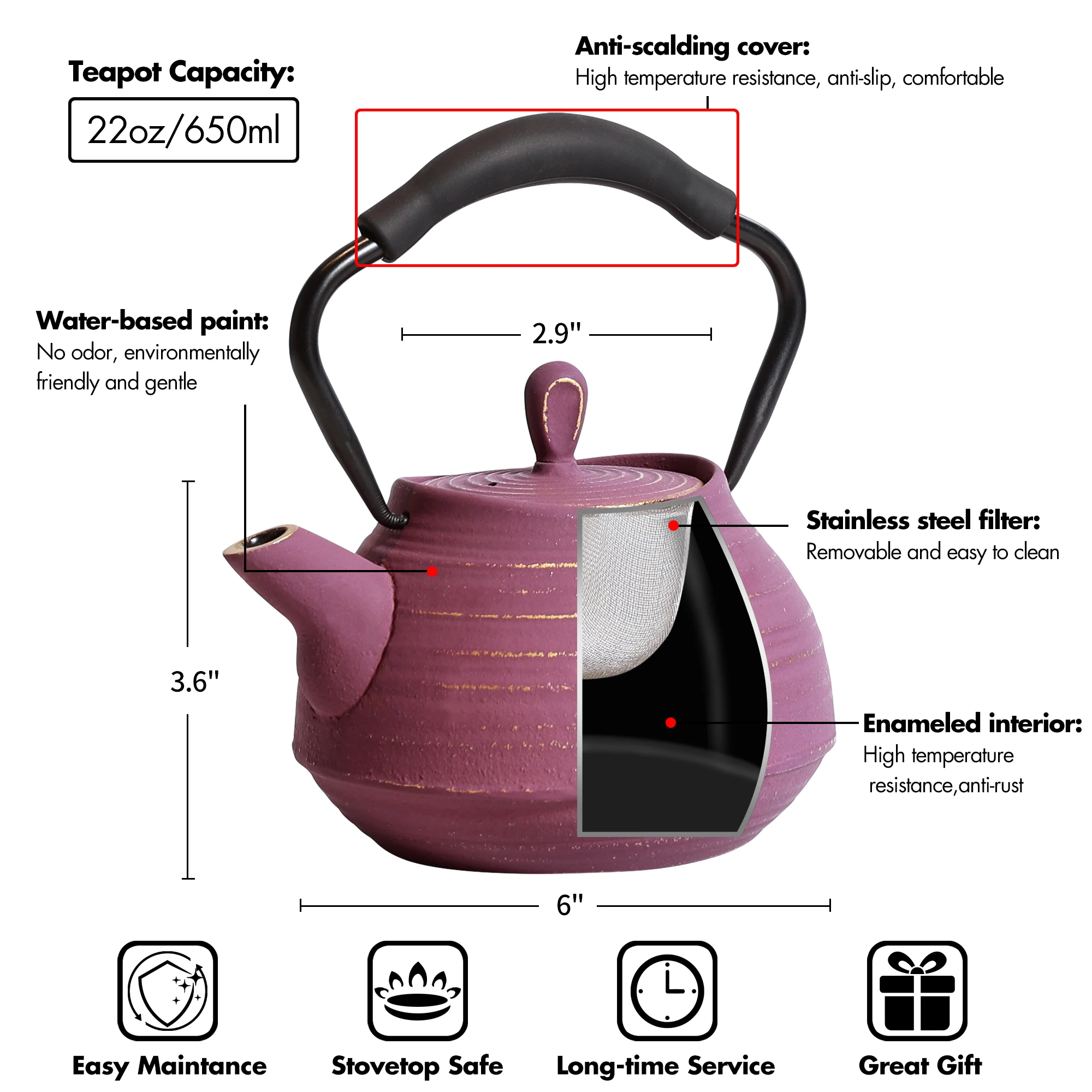 Cast Iron Teapot, Japanese Tea Pot Coated with Enameled Interior, Silicone Handle, 22oz 650ml Pink