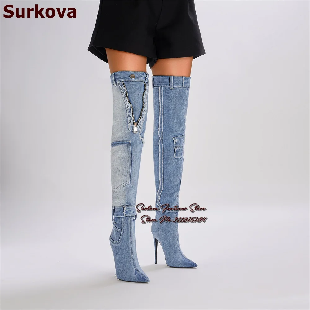 

Surkova Blue Jeans Over The Knee Boots Stiletto Heels Denim Pointed Toe Belt Buckle Pocket Thigh High Boots Zipped Dress Shoes