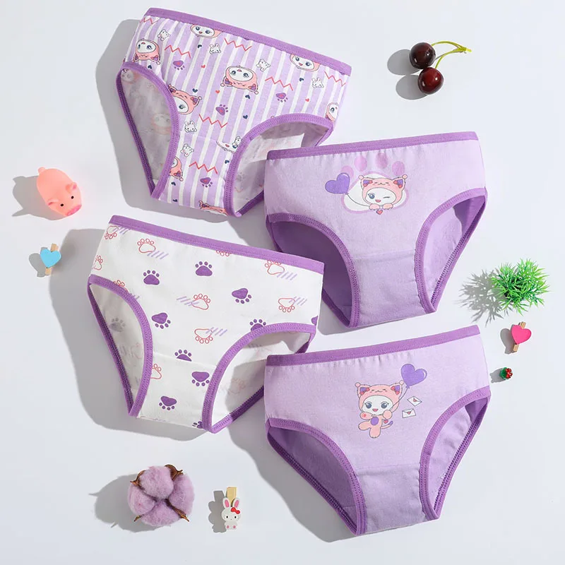 4-Piece Cute Girls Panties Premium Comfortable Cotton Baby Girls Briefs Aged 2-9 Pretty Kitty Pattern Children Underwear Bottoms