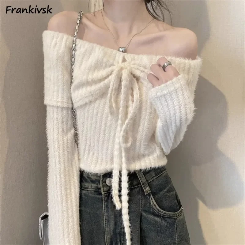 Slash Neck Sweaters Women Off Shoulder Spring Autumn Lace-up Cropped Aesthetic Hotsweet Stretchy Slim Japanese Style Classic