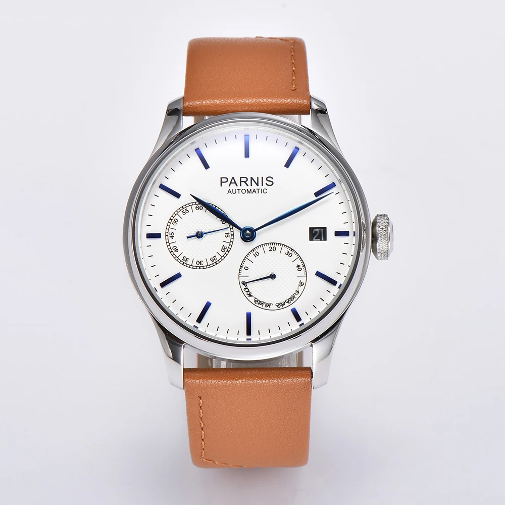 Fashion Parnis 43mm White Dial Automatic Men Watch Power Reserve Mechanical Calendar Wristwatch Top Luxury Brand With Box Gift